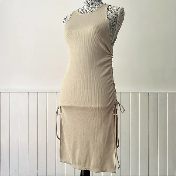 Zara Tan Ribbed Knit Ruched Drawstring Bodycon Dress Size S - Picture 4 of 15